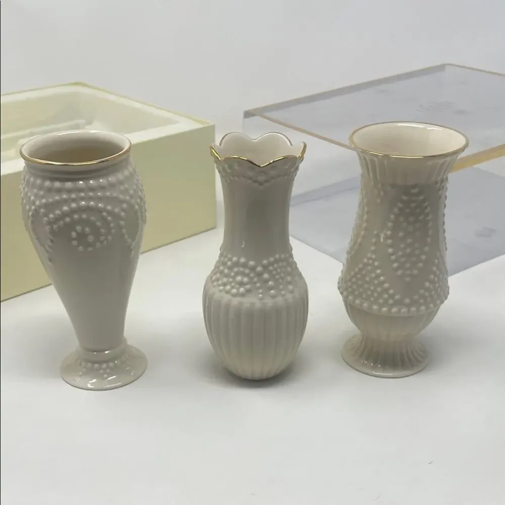 New! Vintage Lenox trio ivory porcelain bud vases with decorative beading
